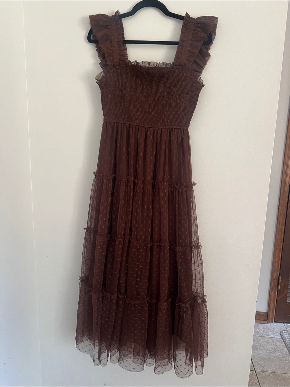 Brown Ruffled Midi Dress with Sheer Swiss Dot Overlay